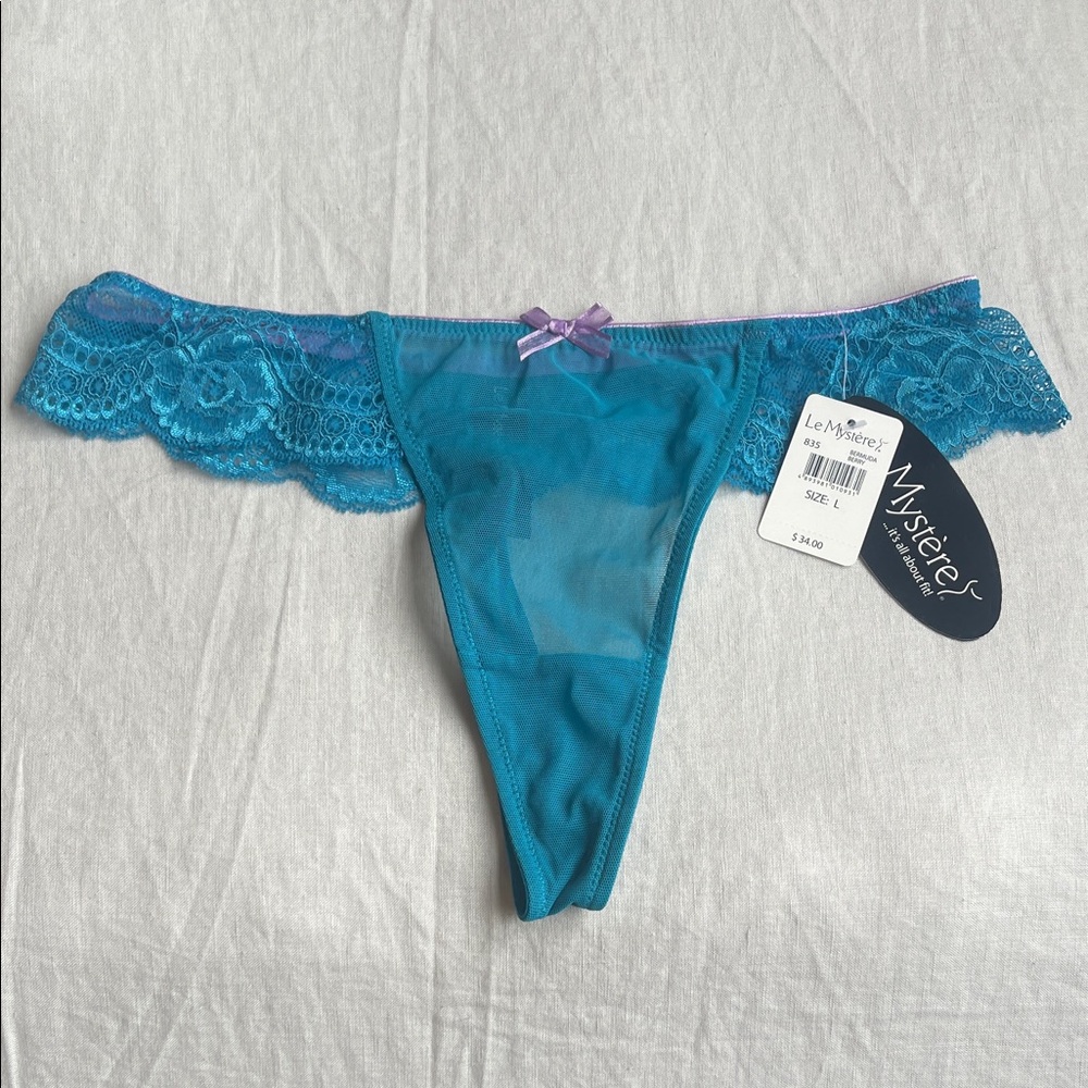Le Mystere Teal Lace Mesh Thong with Lavender Bow